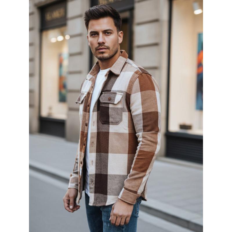 Pánska flanelová košeľa s kamelovým kockovaným vzorom