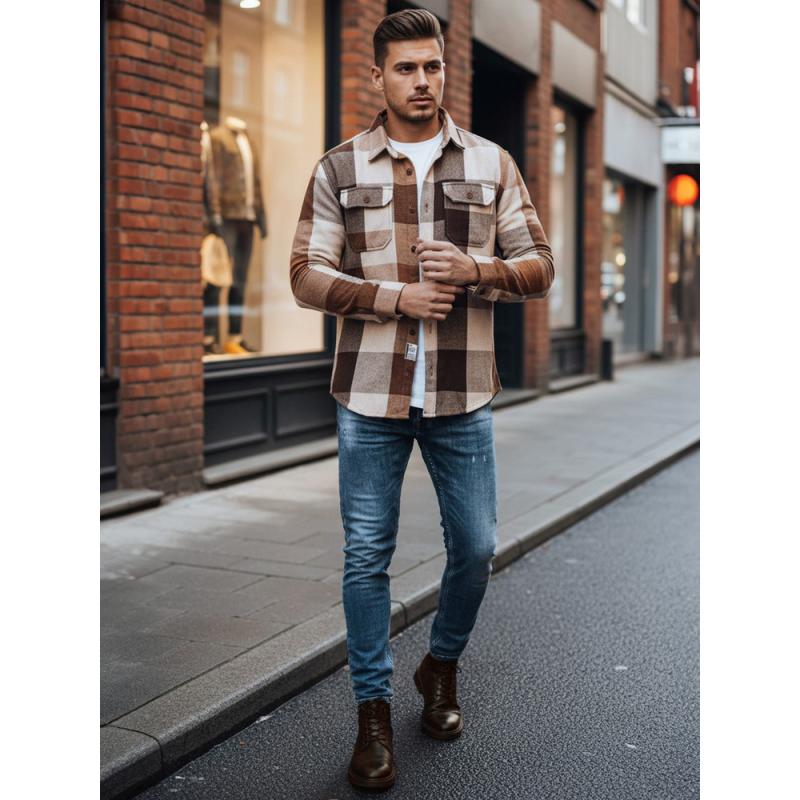 Pánska flanelová košeľa s kamelovým kockovaným vzorom