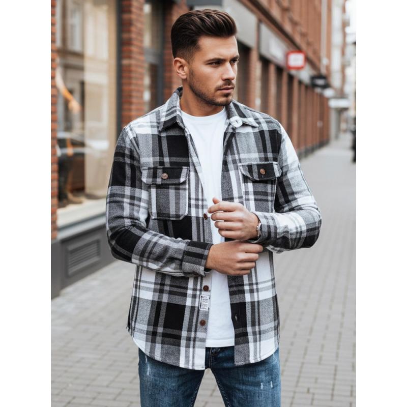 Pánska flanelová košeľa s čierno-bielym kockovaným vzorom