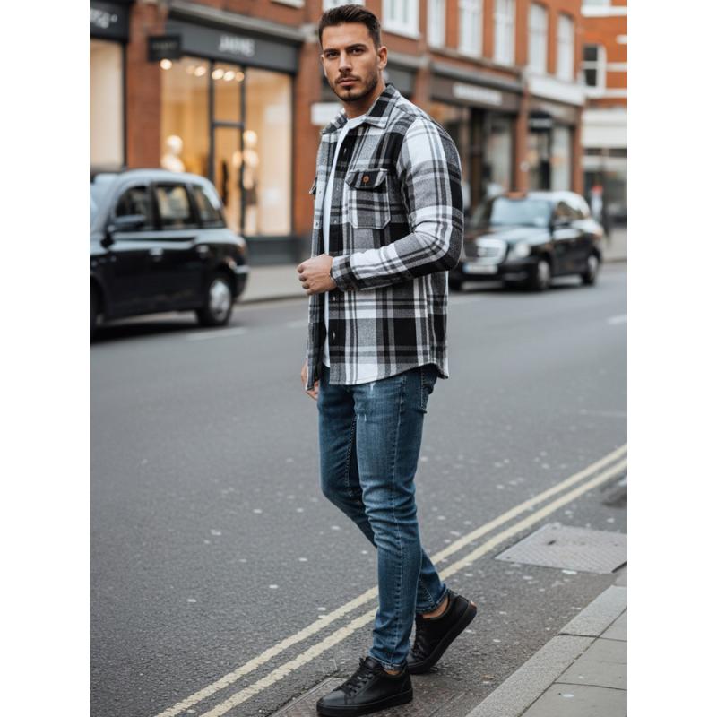 Pánska flanelová košeľa s čierno-bielym kockovaným vzorom