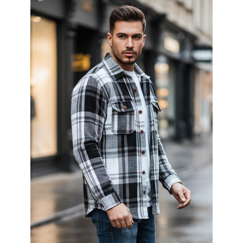 Pánska flanelová košeľa s čierno-bielym kockovaným vzorom
