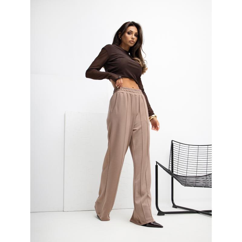 Tmavobežové nohavice s vysokým pásom RUE PARIS