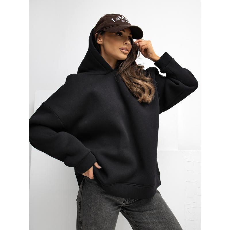 Černá mikina basic s kapucí a podšívkou RUE PARIS