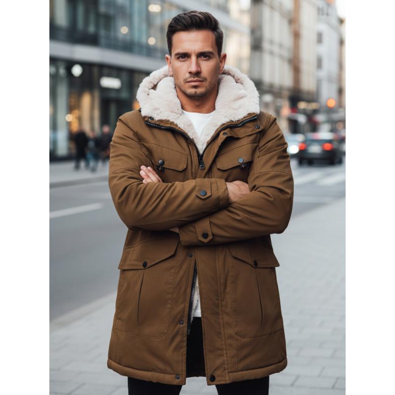 Pánska zimná bunda s kapucňou, tmavo béžová