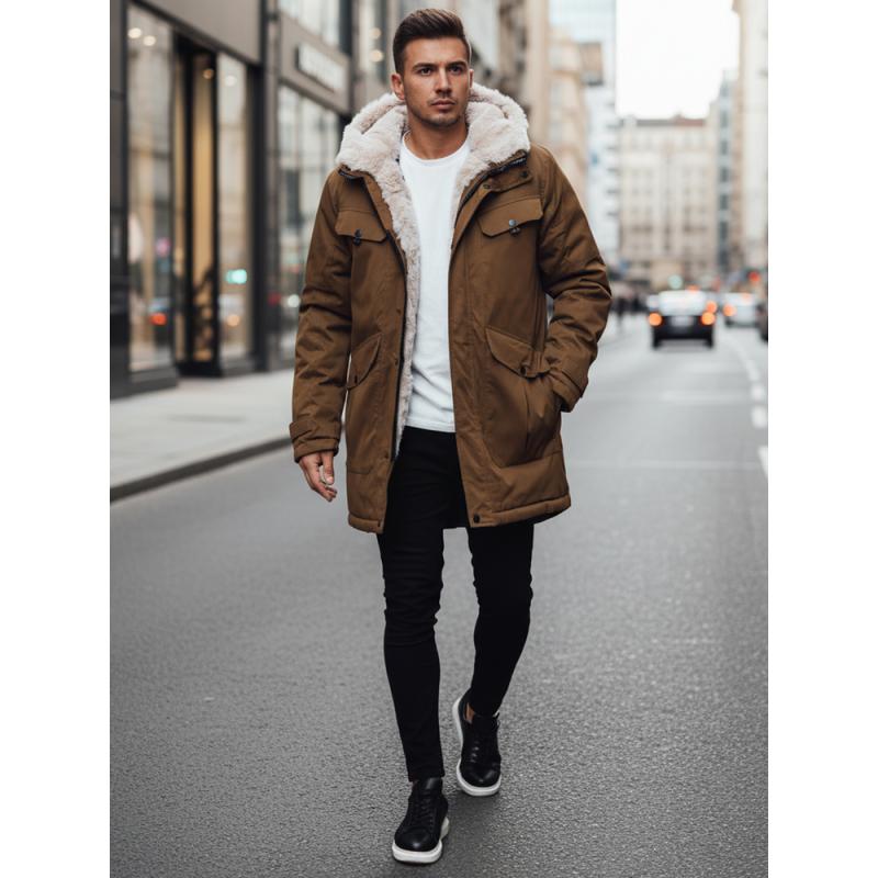 Pánska zimná bunda s kapucňou, tmavo béžová