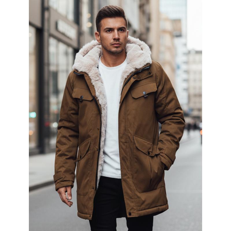 Pánska zimná bunda s kapucňou, tmavo béžová