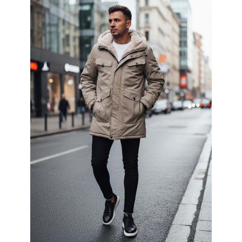 Pánska zimná bunda s kapucňou, béžová