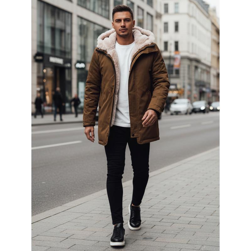 Pánska zimná bunda s kapucňou, tmavo béžová