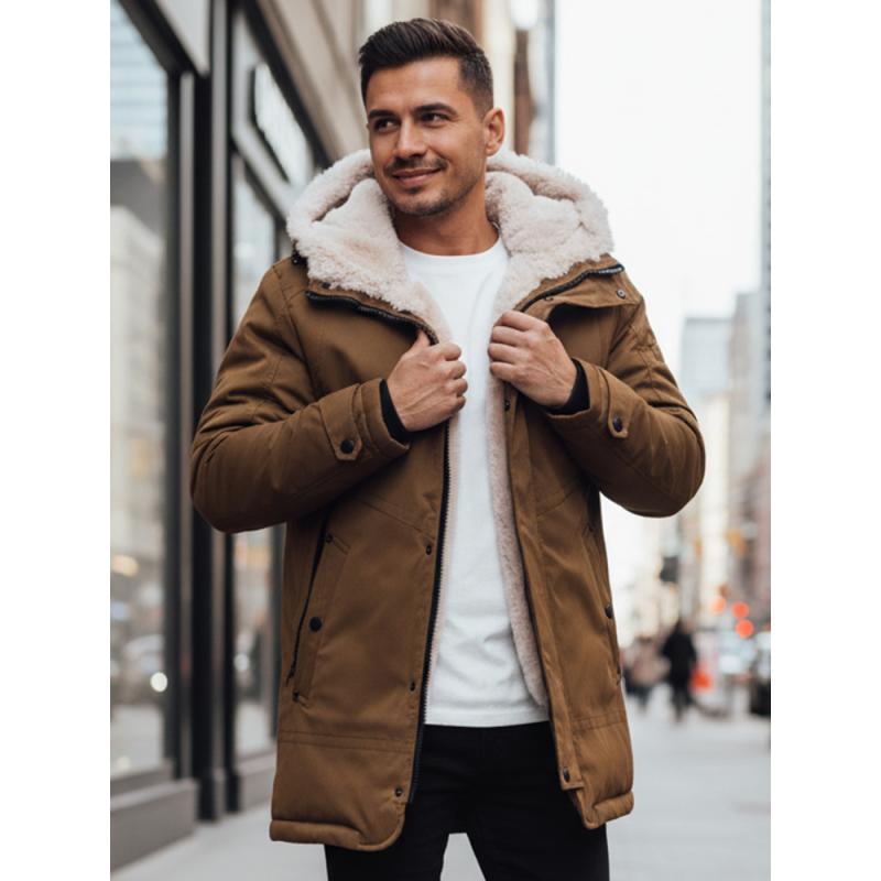 Pánska zimná bunda s kapucňou, tmavo béžová