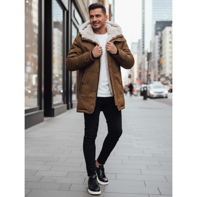 Pánska zimná bunda s kapucňou, tmavo béžová