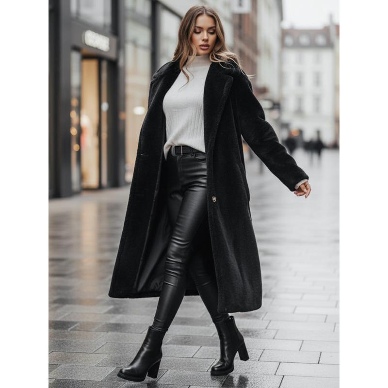 Dámský zimní kabát teddy kožešinový dlouhý černý