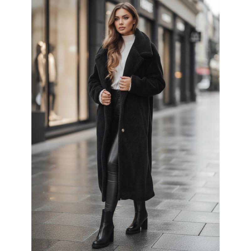Dámský zimní kabát teddy kožešinový dlouhý černý
