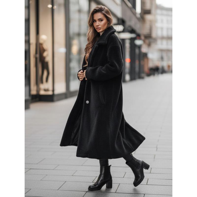 Dámský zimní kabát teddy kožešinový dlouhý černý
