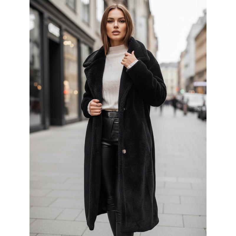Dámský zimní kabát teddy kožešinový dlouhý černý
