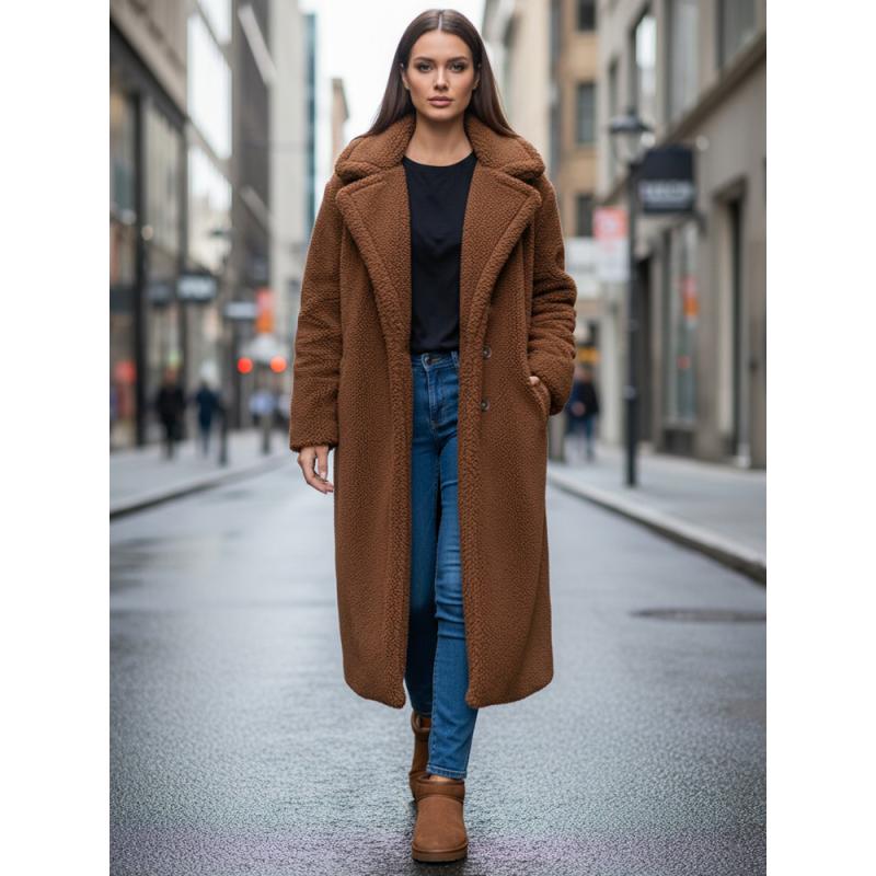 Dámský zimní kabát s dlouhou kožešinovou podšívkou, kamelová barva
