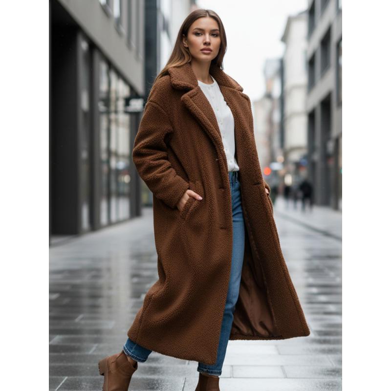 Dámský zimní kabát s dlouhou kožešinovou podšívkou, kamelová barva