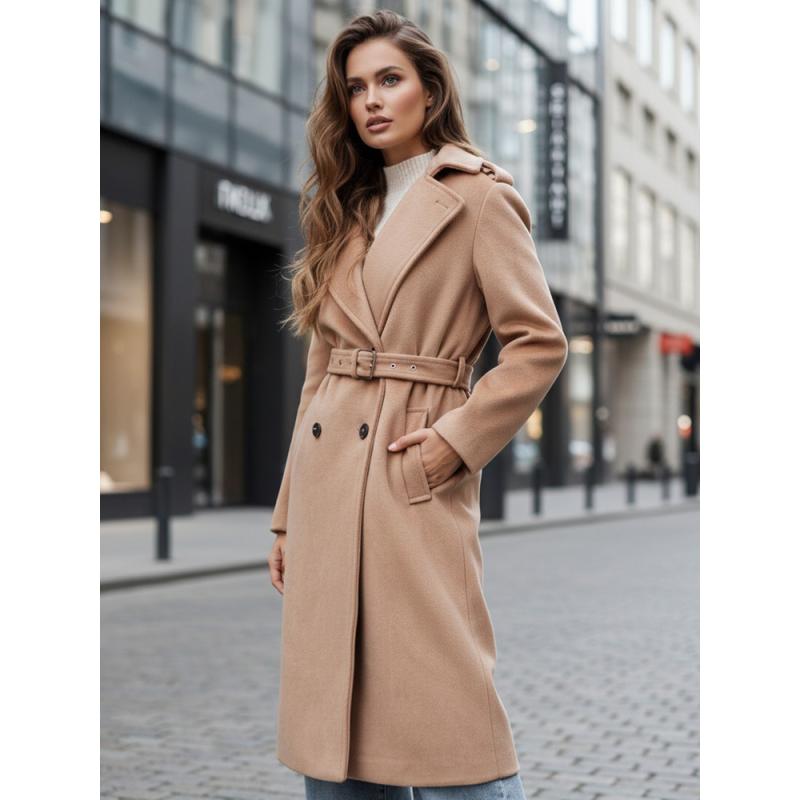 Dámský zimní kabát, klasický trenčkot, kamelová barva