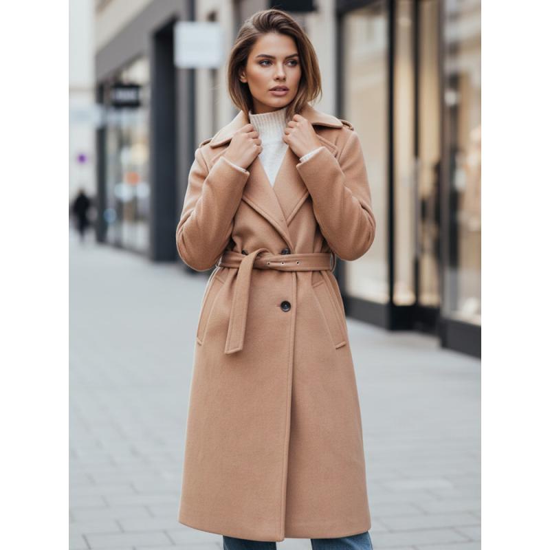 Dámský zimní kabát, klasický trenčkot, kamelová barva