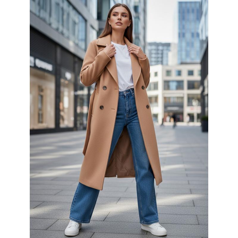 Dámský zimní kabát, klasický trenčkot, kamelová barva