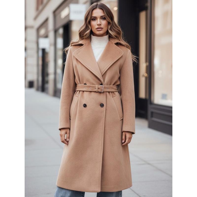 Dámský zimní kabát, klasický trenčkot, kamelová barva