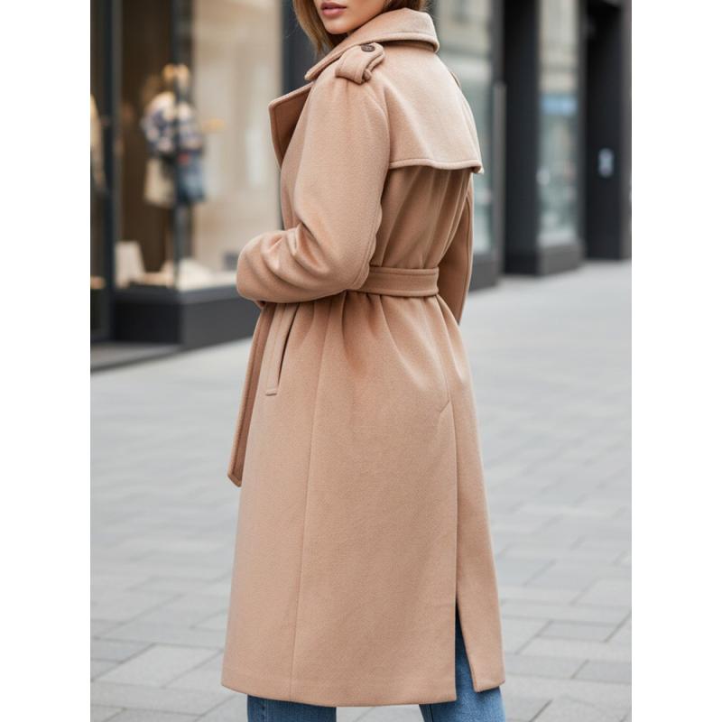 Dámský zimní kabát, klasický trenčkot, kamelová barva