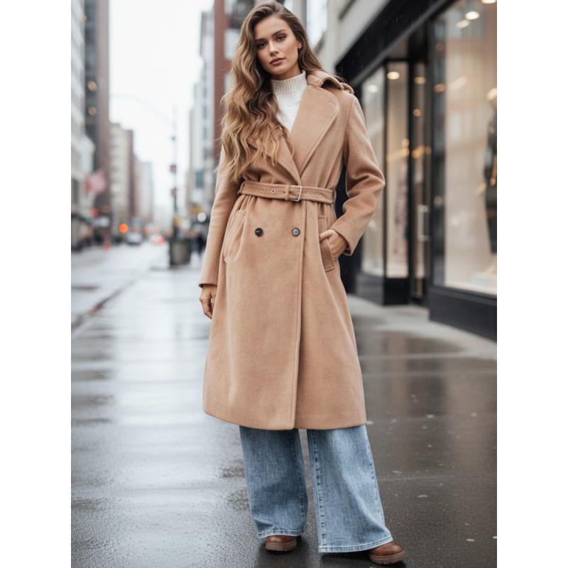 Dámský zimní kabát, klasický trenčkot, kamelová barva