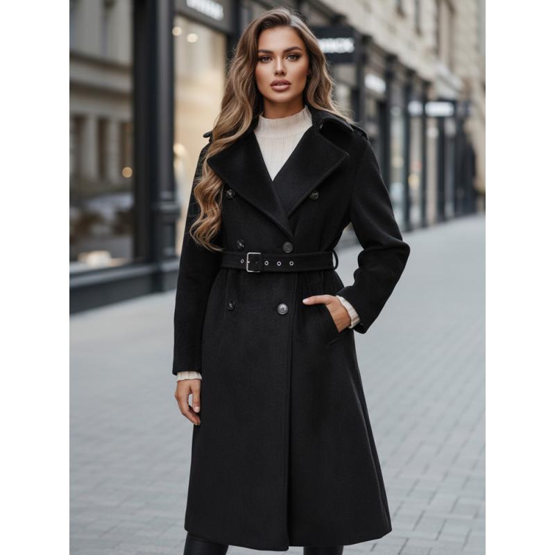 Dámský zimní kabát, klasický trenčkot, černá barva