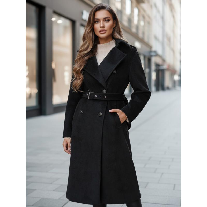 Dámský zimní kabát, klasický trenčkot, černá barva