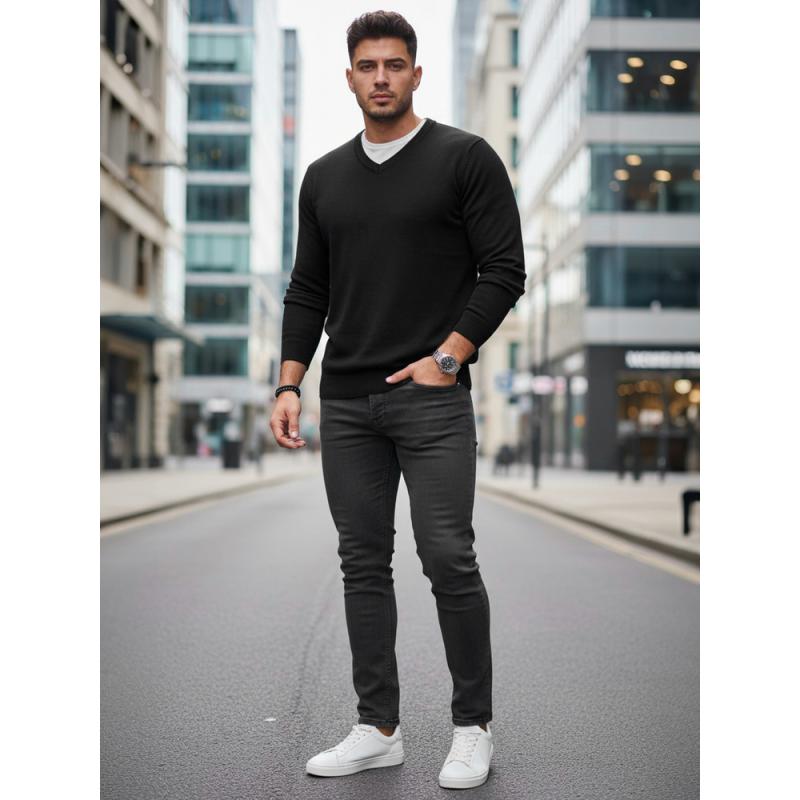 Pánský svetr s výstřihem do V, černý