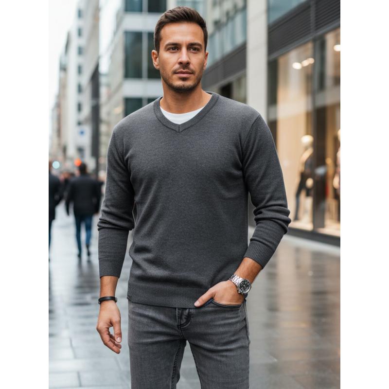 Férfi pulóver V-nyakkivágással, világosszürke