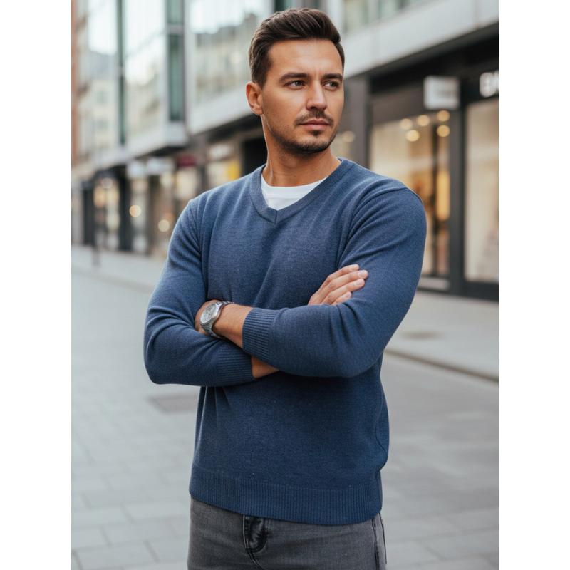 Pánský svetr s výstřihem do V, modrý