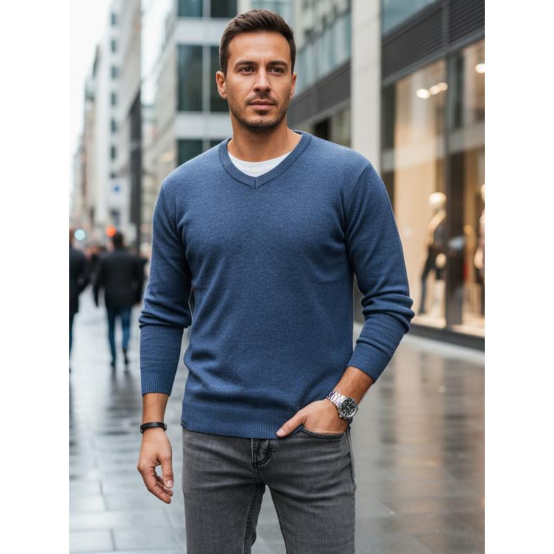Pánský svetr s výstřihem do V, modrý