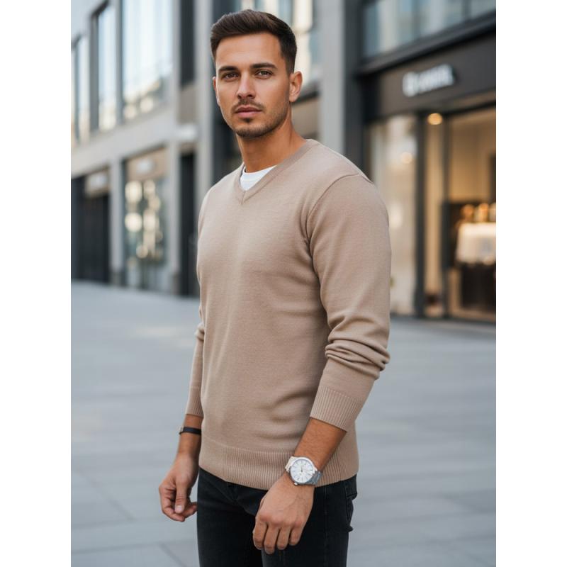 Férfi pulóver V-nyakkivágással, kamel színű
