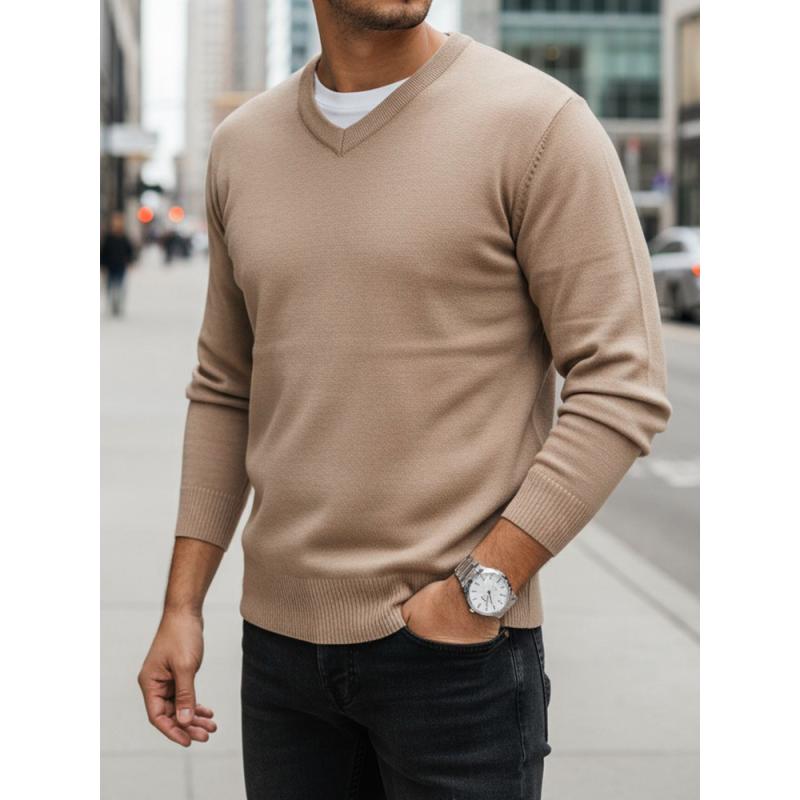 Férfi pulóver V-nyakkivágással, kamel színű
