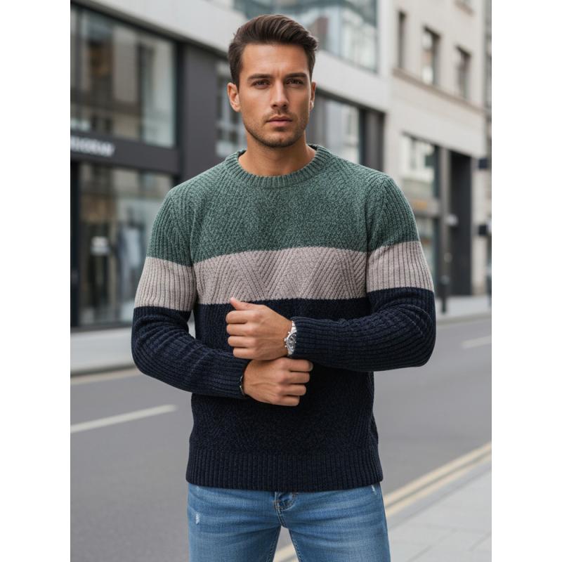 Férfi pulóver kerek nyakkivágással, zöld és sötétkék