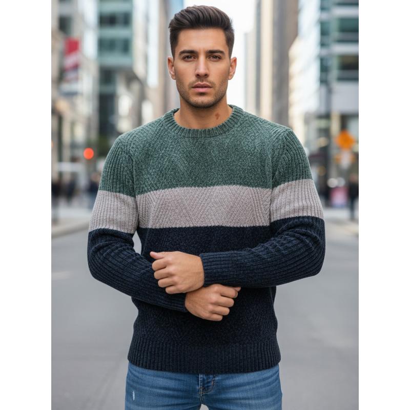 Férfi pulóver kerek nyakkivágással, zöld és sötétkék