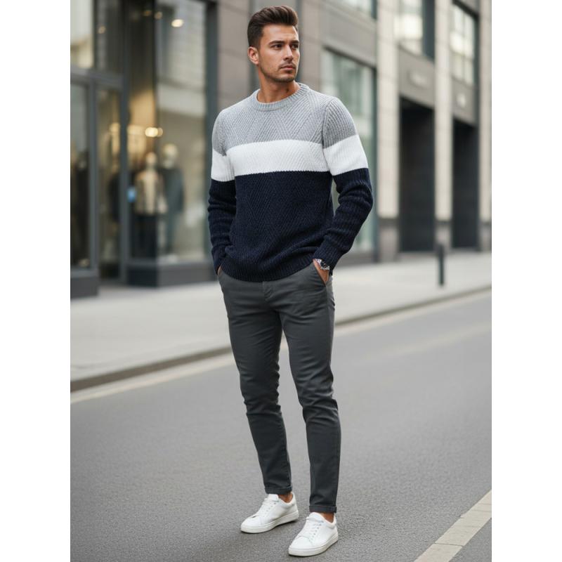 Pánský svetr s kulatým výstřihem, šedý a tmavě modrý