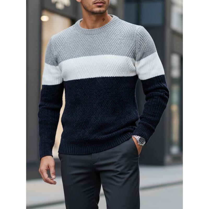 Pánský svetr s kulatým výstřihem, šedý a tmavě modrý