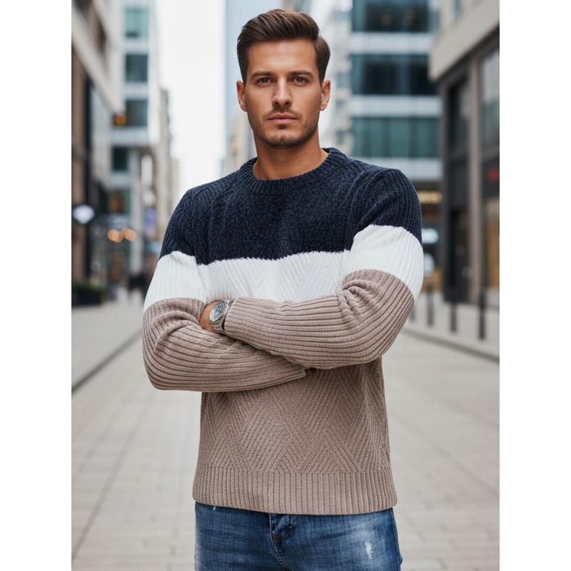 Férfi pulóver kerek kivágással, sötétkék és bézs