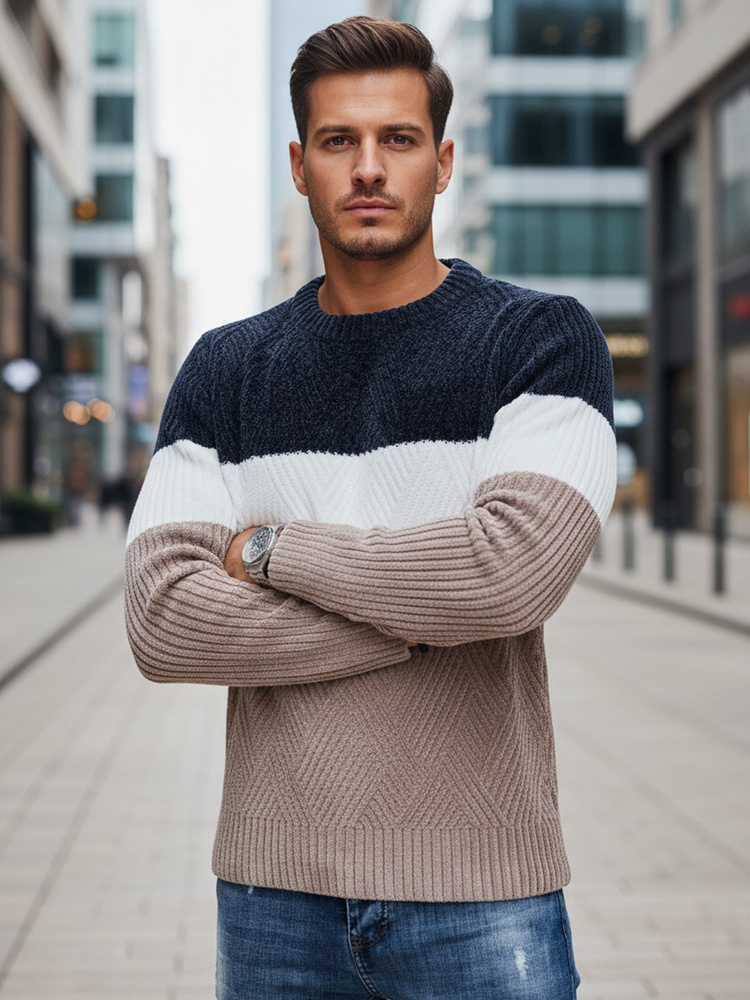 Férfi pulóver kerek kivágással, sötétkék és bézs