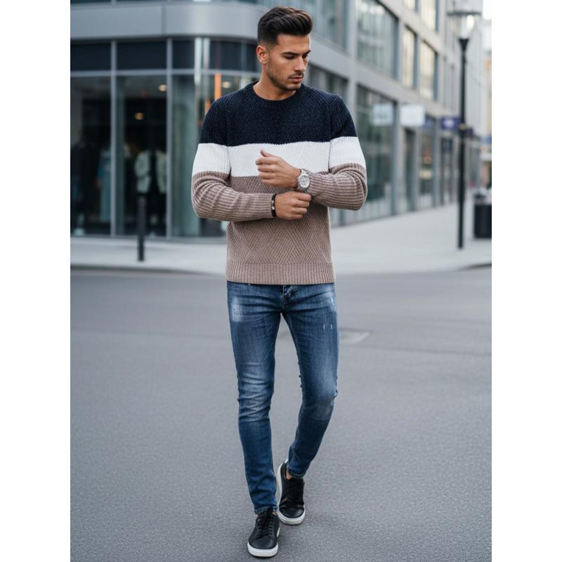 Férfi pulóver kerek kivágással, sötétkék és bézs