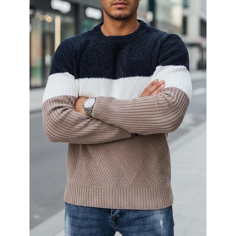 Férfi pulóver kerek kivágással, sötétkék és bézs