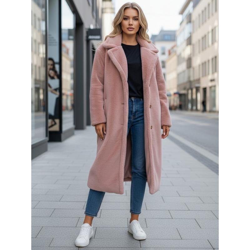 Dámský zimní kabát z dlouhé růžové teddy kožešiny