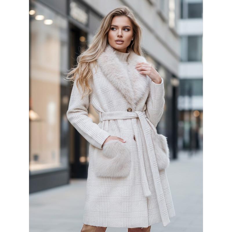 Dámský kabát s kožešinou v béžové barvě