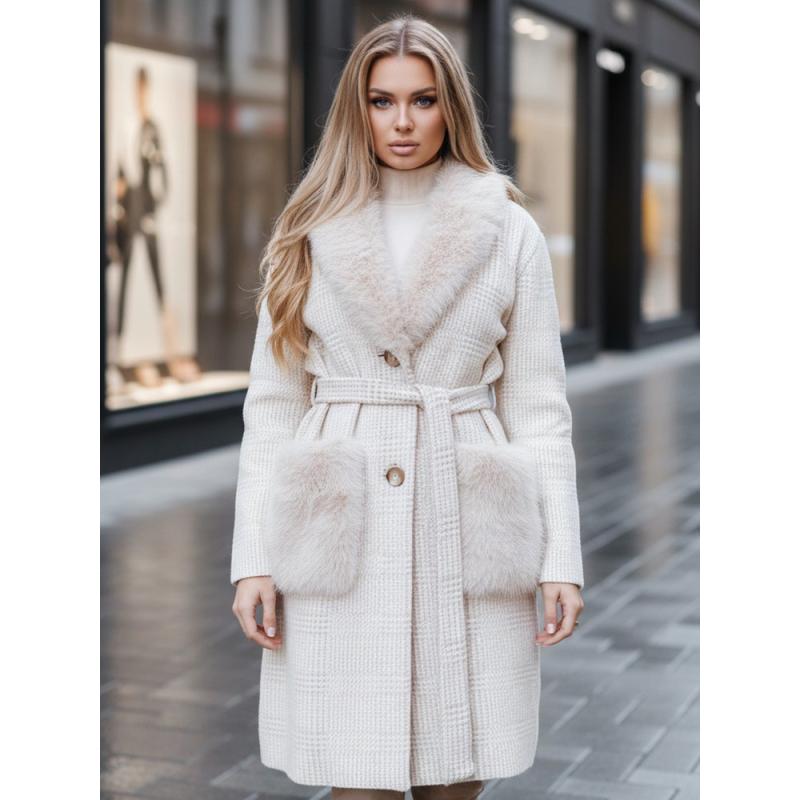 Dámský kabát s kožešinou v béžové barvě