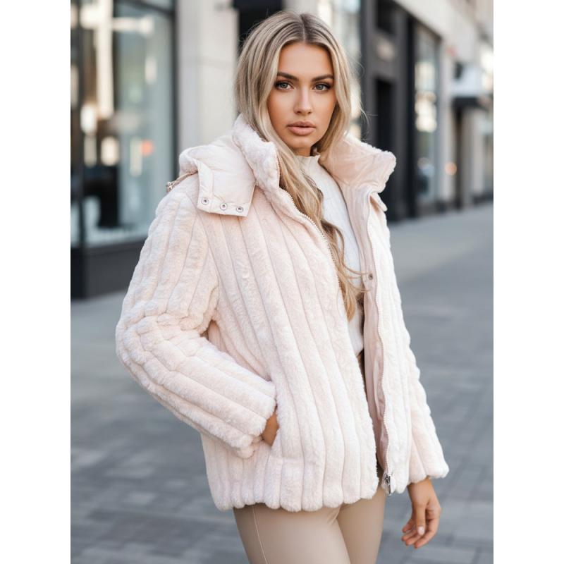 Dámska kožušinová bunda s kapucňou, ružová