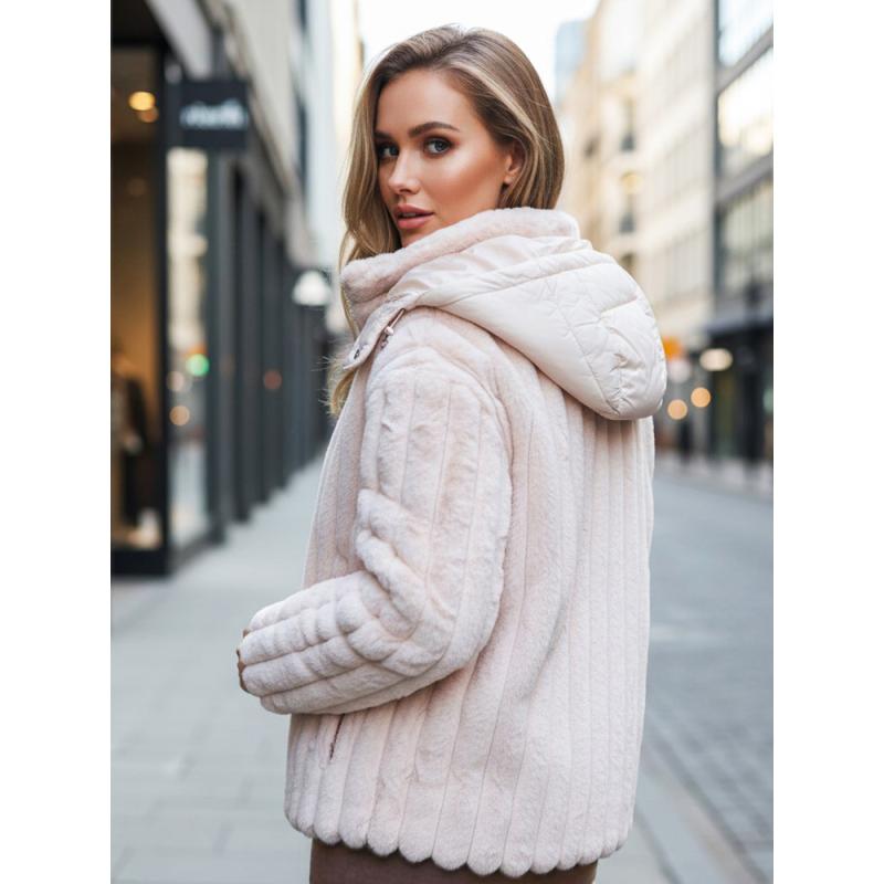 Dámska kožušinová bunda s kapucňou, ružová