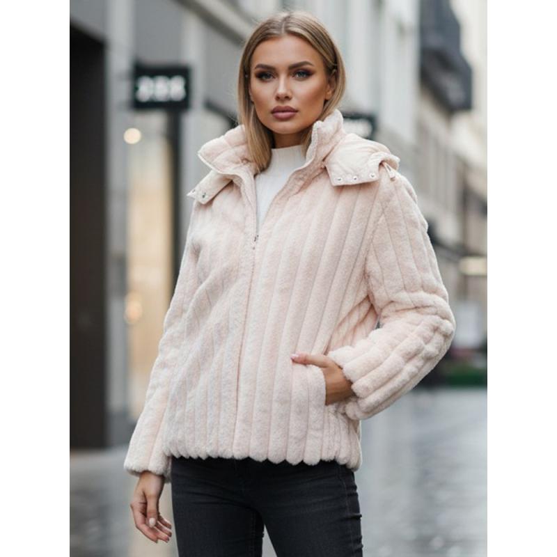 Dámska kožušinová bunda s kapucňou, ružová