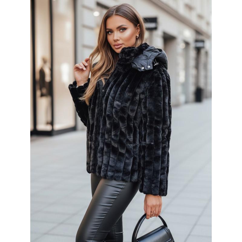 Dámska kožušinová bunda s kapucňou, čierna