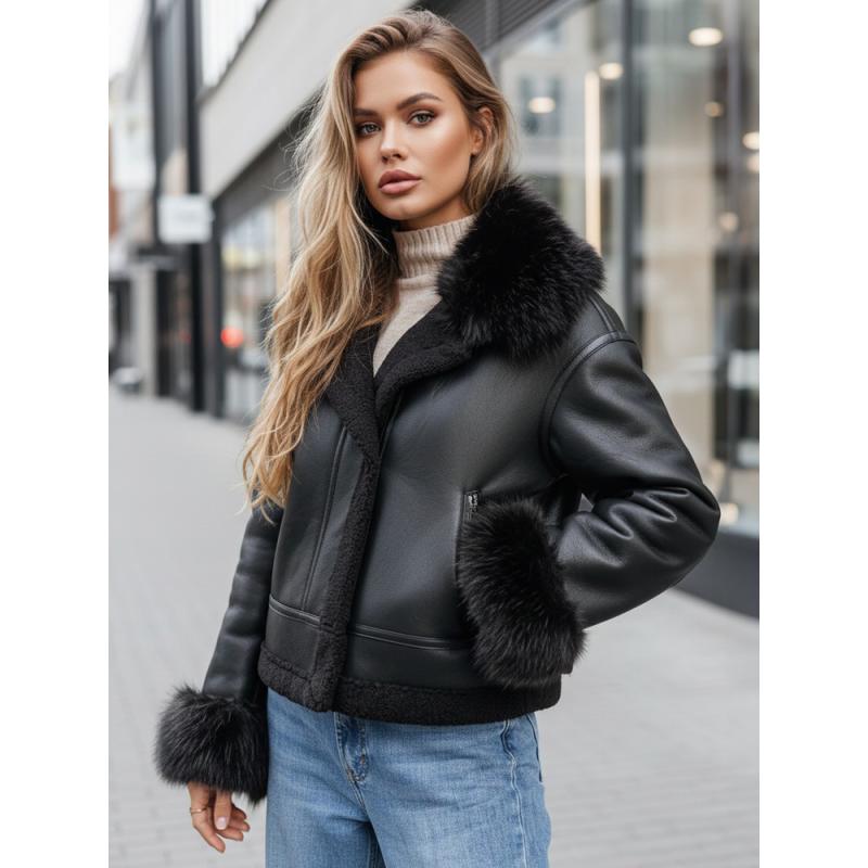Dámska bunda z umelej kože s kožušinou, čierna